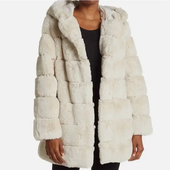 BCBGMAXAZRIA Cream Faux Fur Hooded Coat Size S - Picture 8 of 12